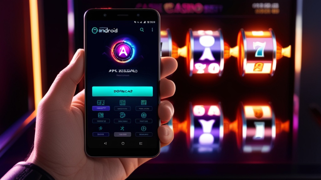 Android-Smartphone mit Downloadbildschirm vor dunkler Casino-Atmosphäre