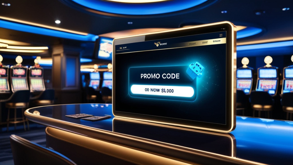 Dunkle Casino-Szene mit Bonuscode-Feld und leuchtenden Slot-Lichtern