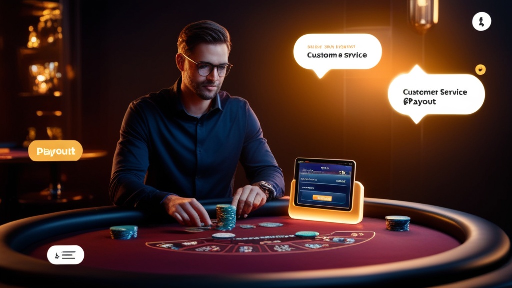 Spieler prüft Auszahlungsstatus neben Casino-Chips und Chat-Support